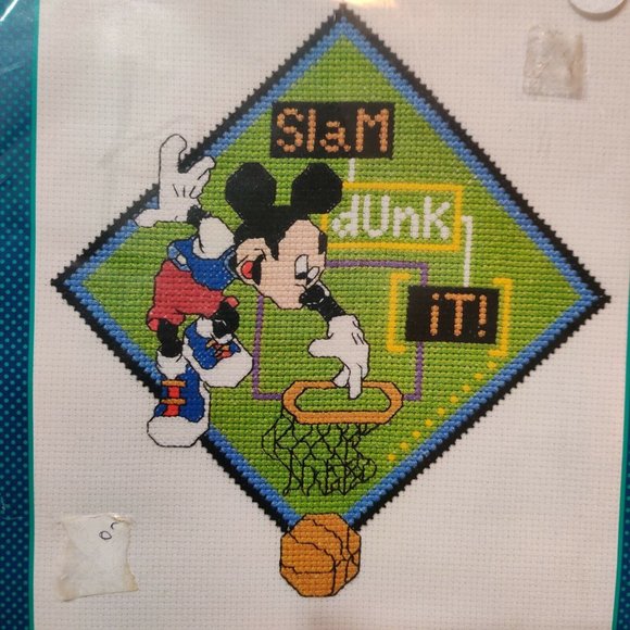 Vtg Mickey Unlimited SLAM DUNK IT Cross Stitch Kit Basketball 36022 Opened Unuse - Picture 2 of 4